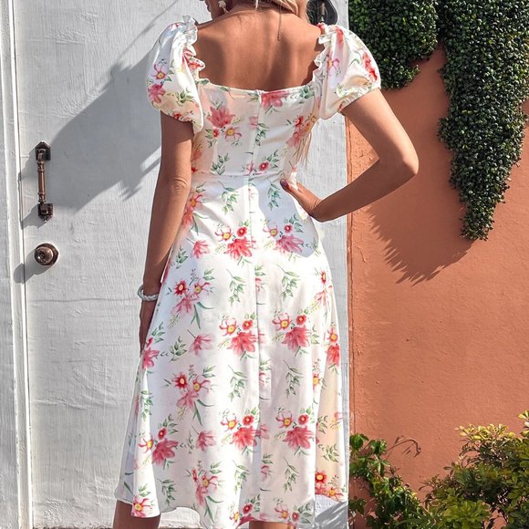 Boho Floral Print Puff Sleeve Knot Front Split Thigh Dress - Picture 3 of 5